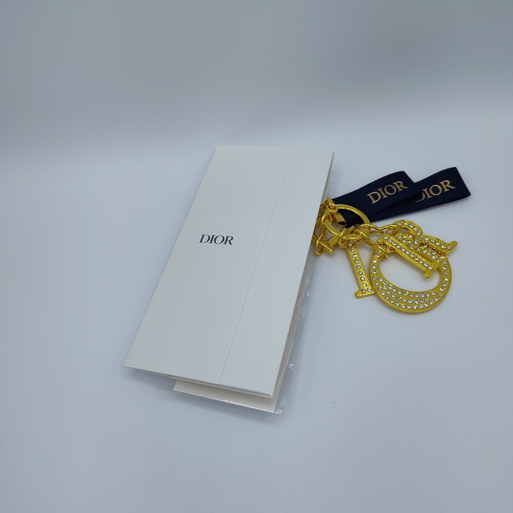 Dior Gold Crystal Logo Keychain Charm w/ Ribbon & Box — New & Gift Ready NIB NIP - Picture 4 of 6